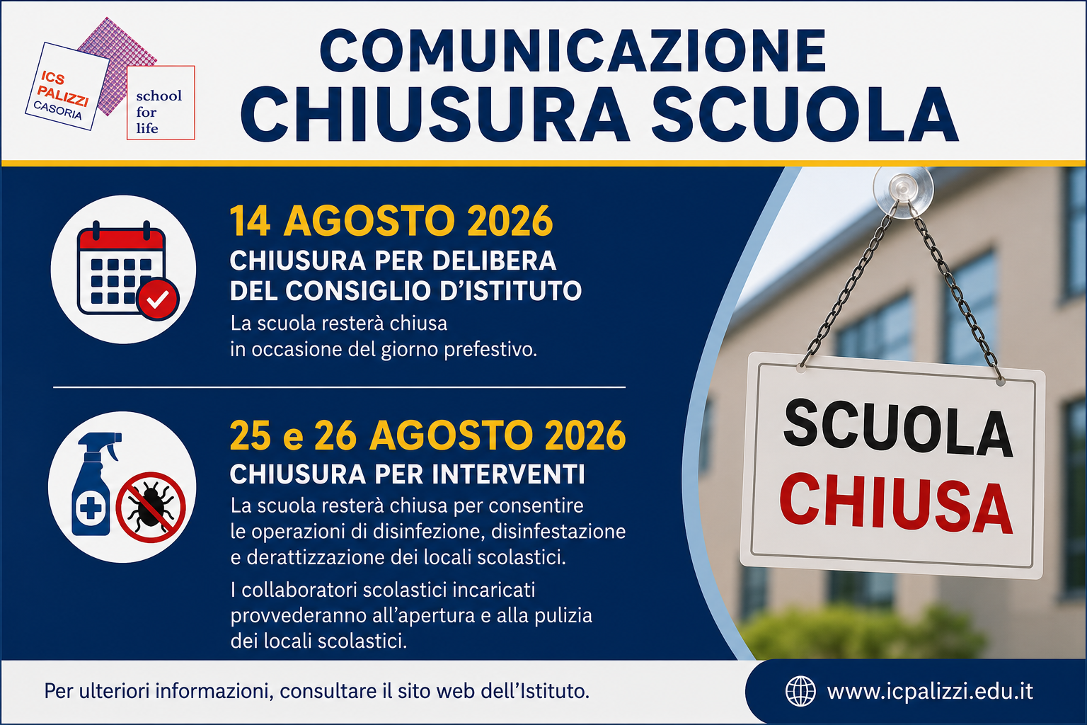 CHIUSURA SCUOLA 14 AGOSTO PREFESTIVO E 25-26 AGOSTO